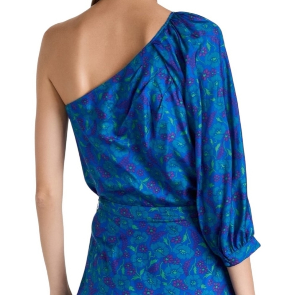 Veronica Beard Lyric One-Shoulder Silk Top in Cobalt Multi - Picture 2 of 10